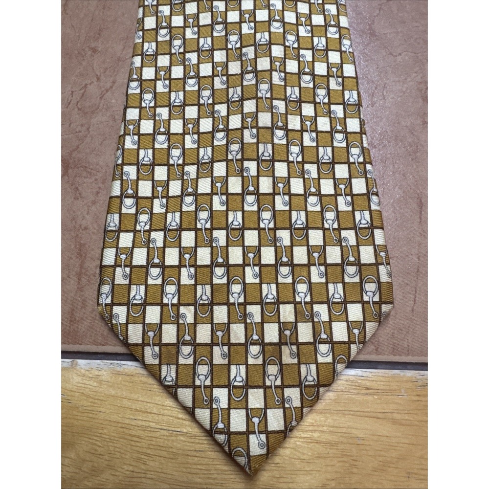 Vintage Brooks Brothers Makers Tie Gold  ‎   Brown Silk Stirrup Equestrian Print